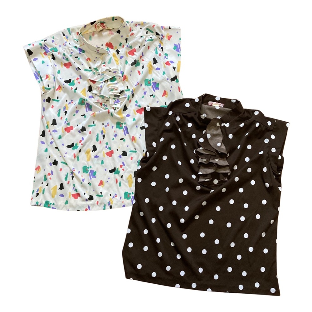 Vintage 70’s ruffle top shirt women’s xxl polka dot crazy print tank top SET
